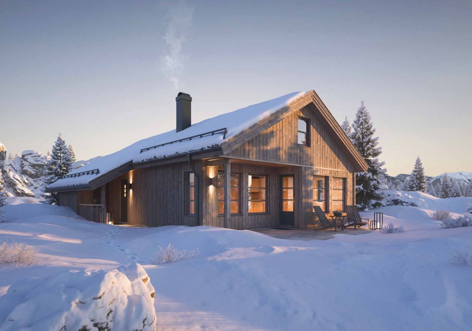 Furutangen 70 er en koselig og funksjonell hytte.
Her Illustrasjon av Furutangen 75. Planløsning vil tilpasses tomten og kundens ønsker ved utarb. av situasjonsplan Galleribilde