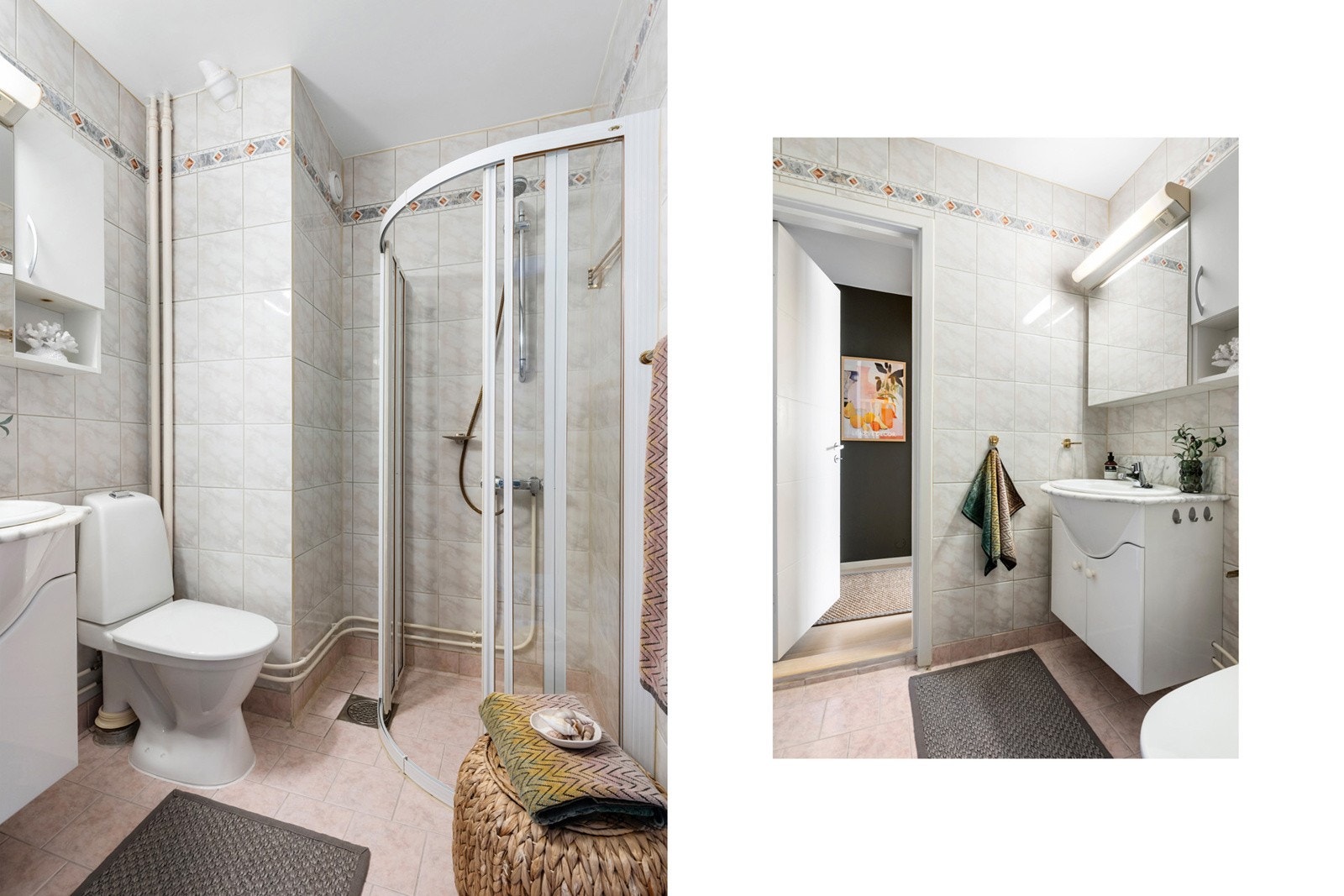 Flislagt bad med servant i innredning og speilskap med oppbevaring Galleribilde