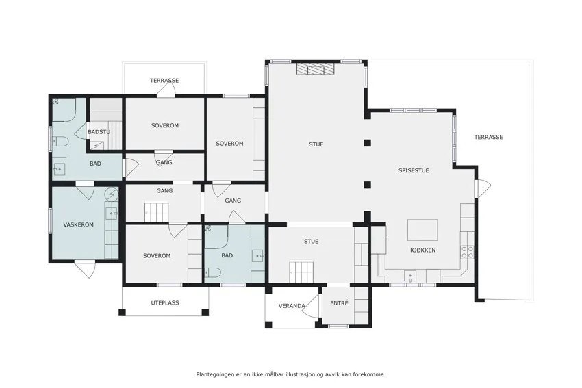 Plantegning 1. etasje. Hytta er delt i to med den sosiale sonen og den mer private sonen medd bad og soverom. Galleribilde