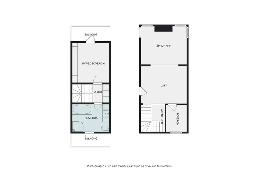 Plantegning 2. etasje. 2. etg. har hems med inngang til de ulike "avdelingene" fra hver sin trapp. Galleribilde