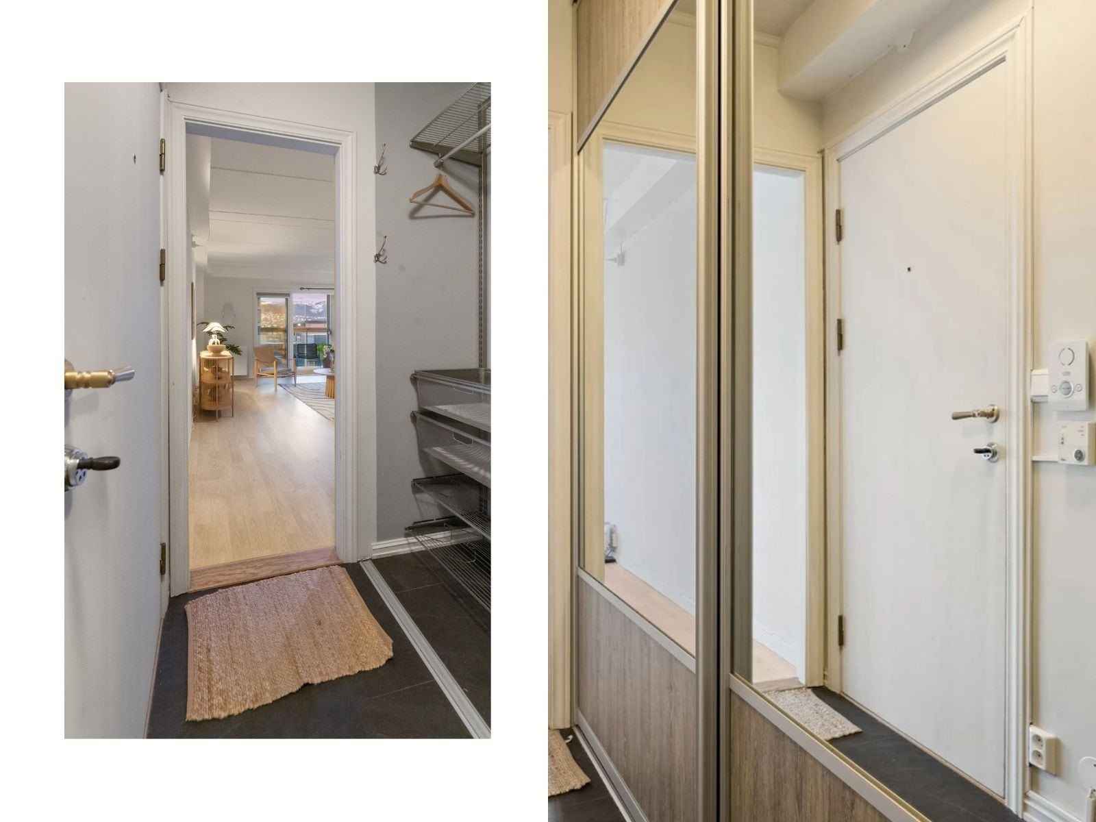 Entréen har stor skyvedørsgarderobe som kan fungere som klesskap og intern bod. Det er også knagger på veggen til yttertøy. Galleribilde