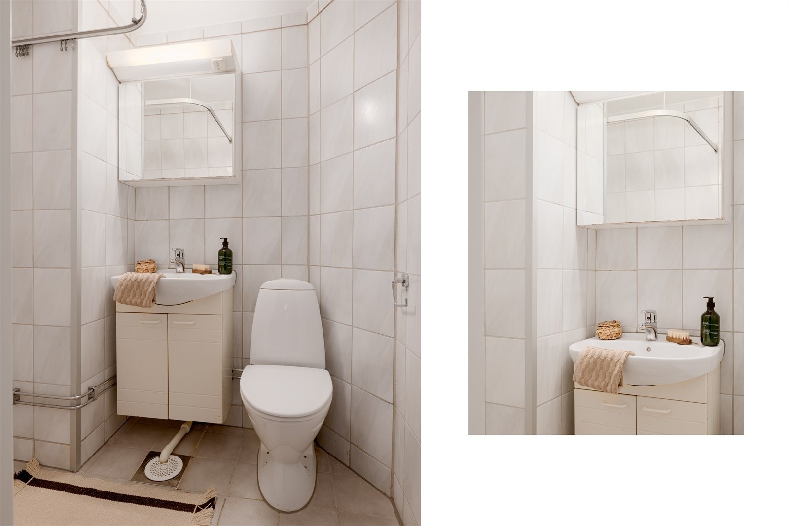 Flislagt bad med lyse fliser på vegger og gulv. Galleribilde