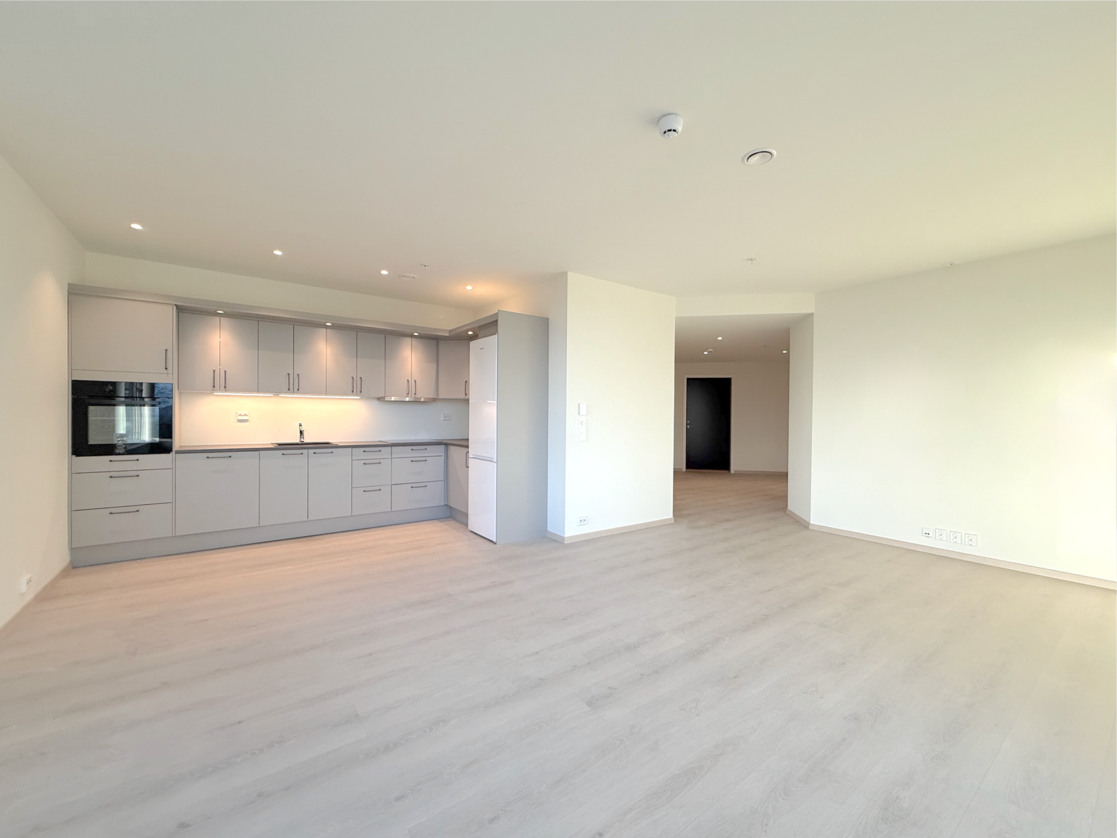 Åpen stue- og kjøkkenløsning med plass til spisebord og sofa, store vinduer gir godt lys. Galleribilde