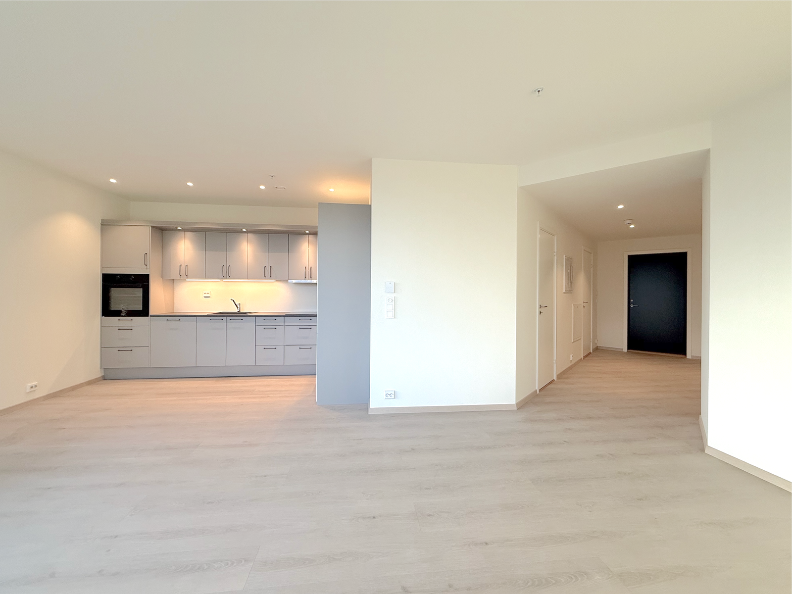 Åpen stue- og kjøkkenløsning med plass til spisebord og sofa, store vinduer gir godt lys. Galleribilde