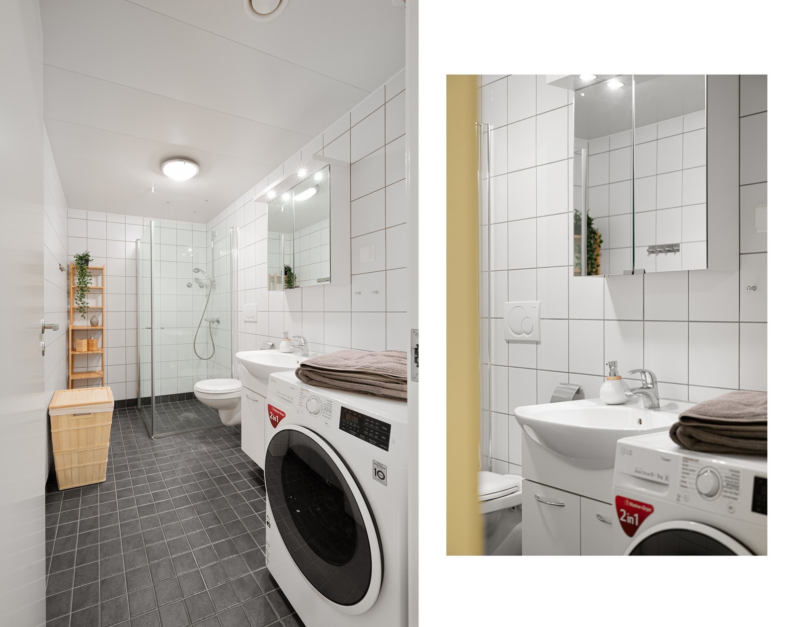 Flislagt bad/vaskerom med varmekabler i gulvet og god plass Galleribilde