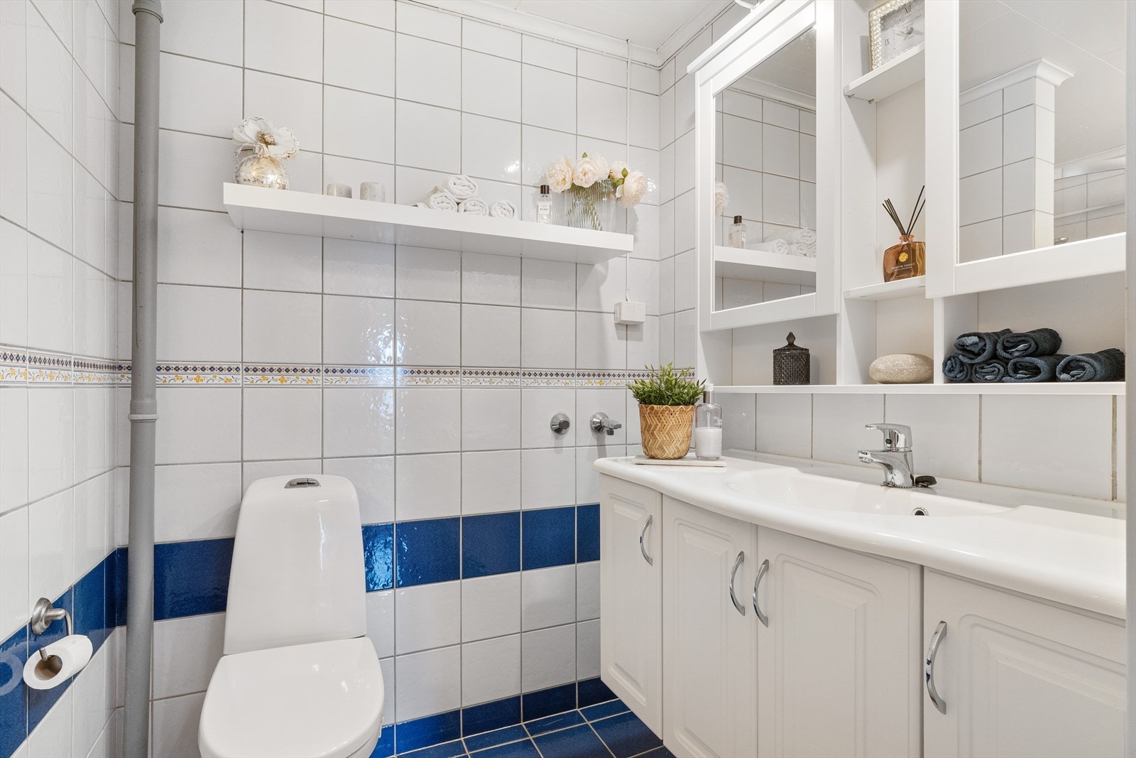 Dusjkabinett, toalett og innredning med god lagringsplass. Galleribilde