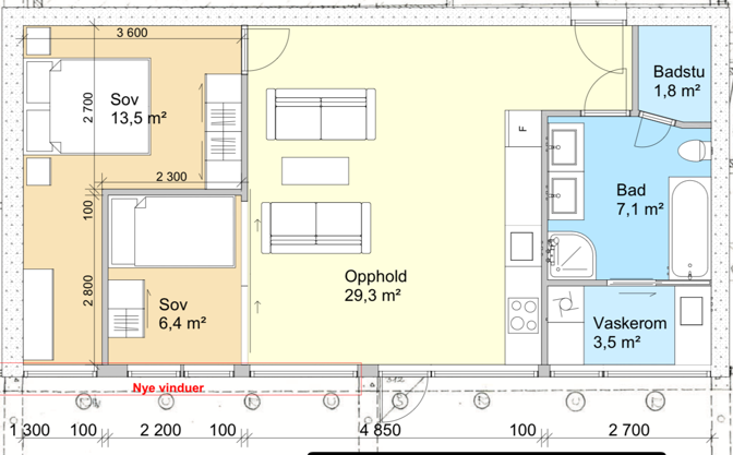 Tegnign slik leiligheten er godkjent innredet med 2 soverom. Galleribilde
