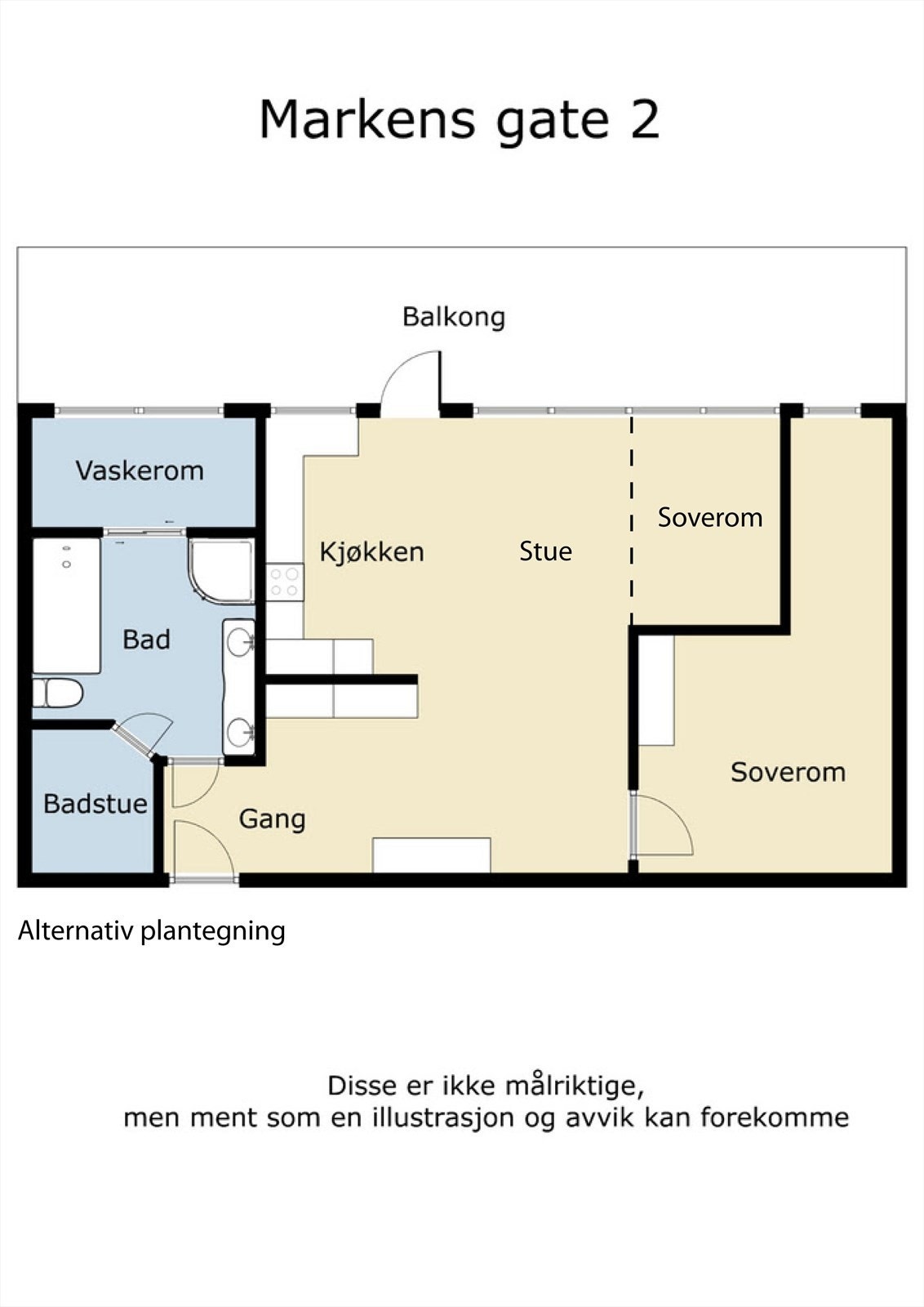 Denne viser løsningen med 2 soverom, der soverom nr 2 deles av fra del av stuen. Leiligheten er godkjent innredet slik med 2 soverom, kjøper kan selv velge om selger leverer skilleveggen vederlagsfritt. Galleribilde