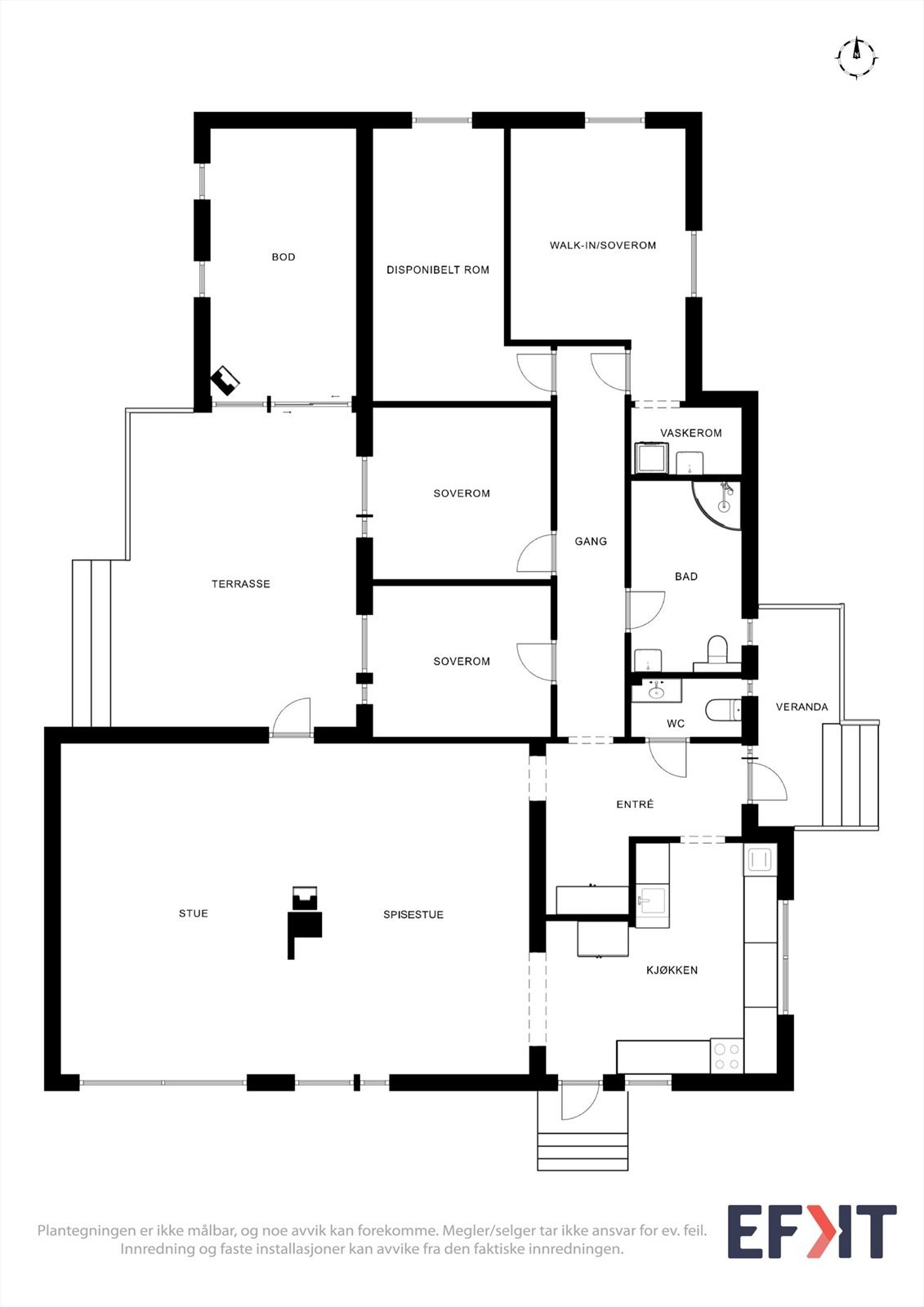 Plantegningen viser en innholdsrik hovedetasje med blant annet tre soverom og åpen stue- og kjøkkenløsning. Galleribilde