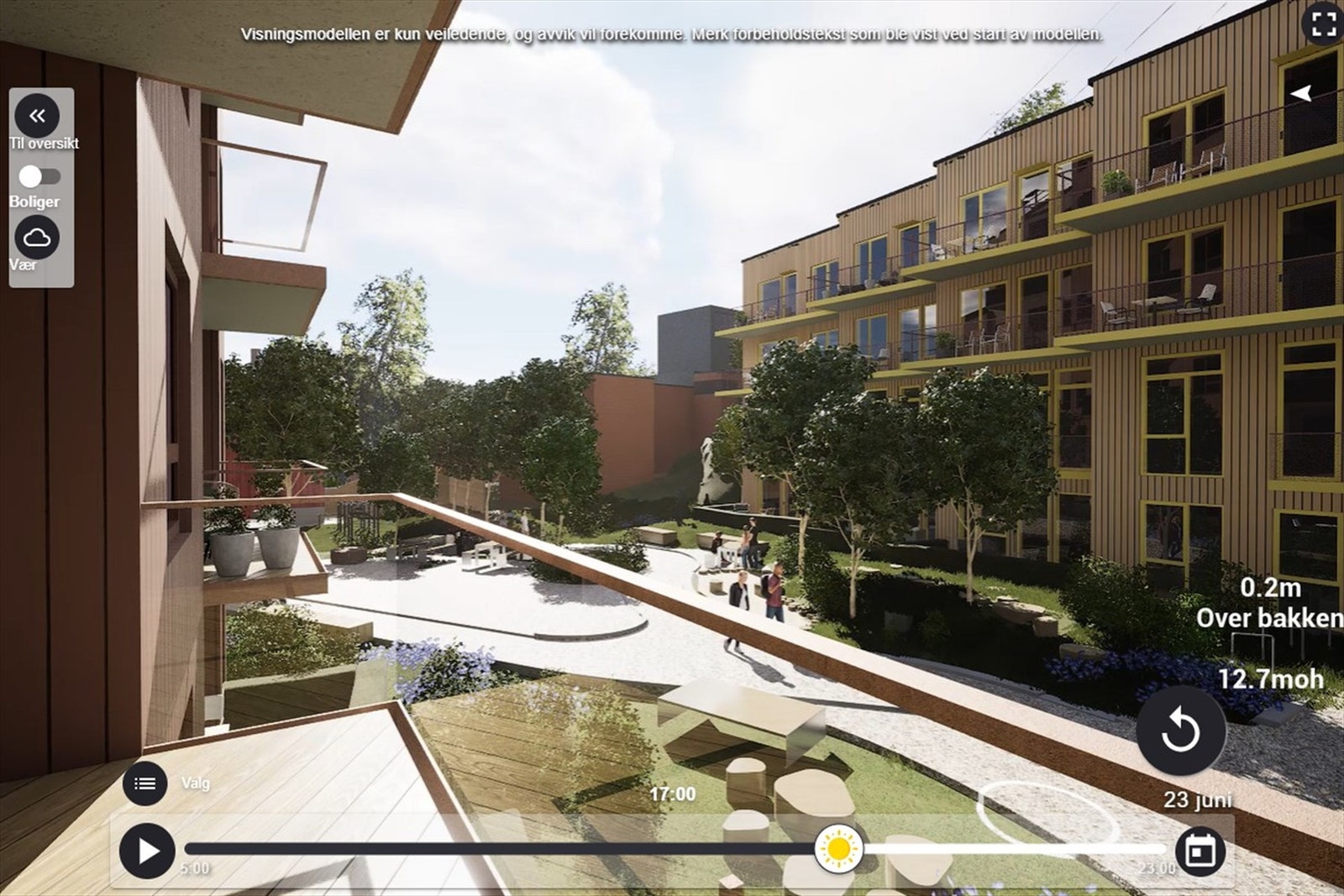 Illustrasjon av utsyn fra nordvestvendt balkong på ca. 6,3 m². Avvik kan forekomme. Galleribilde