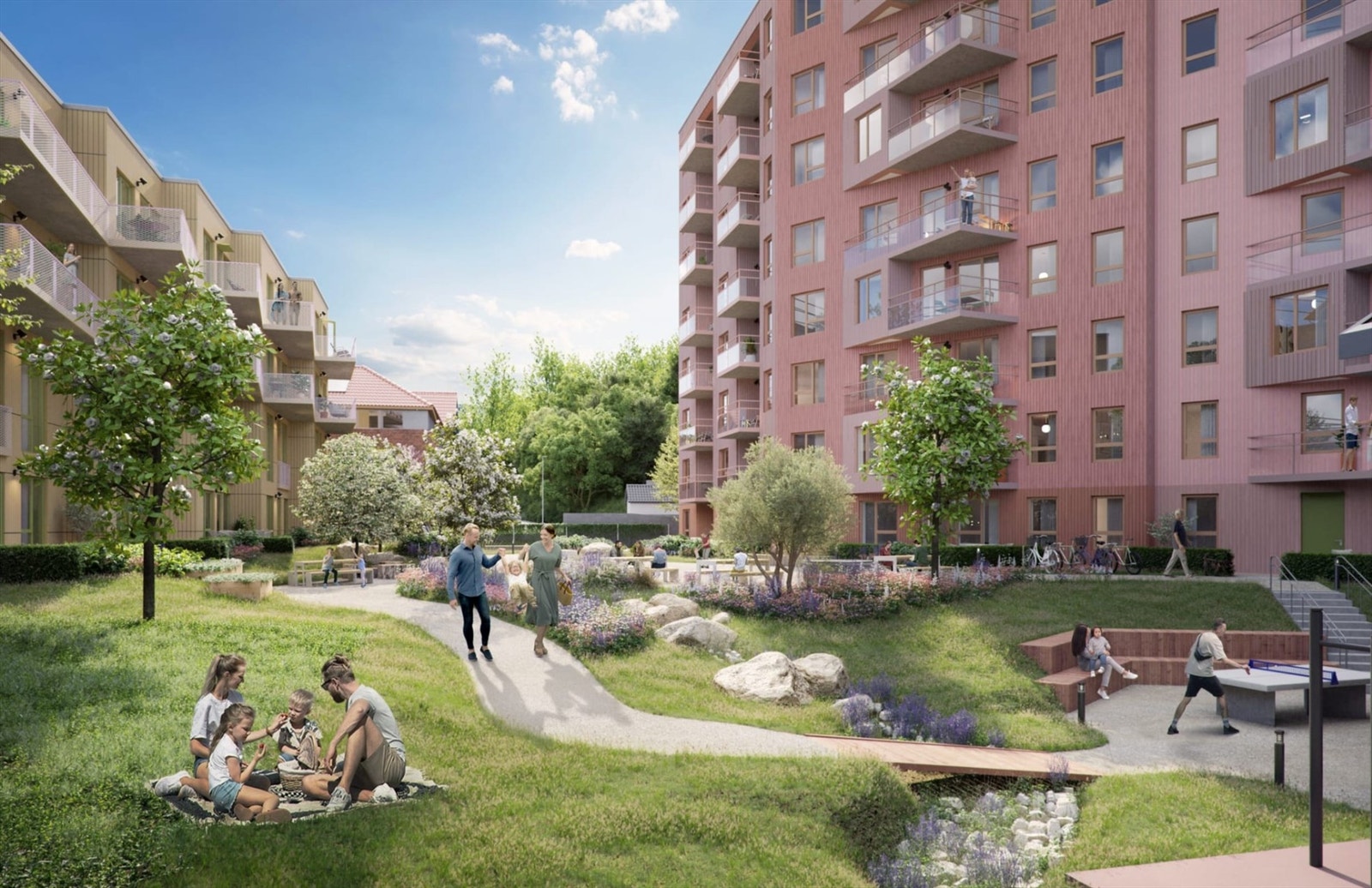 Illustrasjon | På Løxatorget vil det komme attraktive utearealer
mellom husene med sosiale fellesområder, treningsapparater,
bordtennisbord, grillområde og et lite torg
med ulike sittegrupper og gangstier. Avvik kan forekomme. Galleribilde