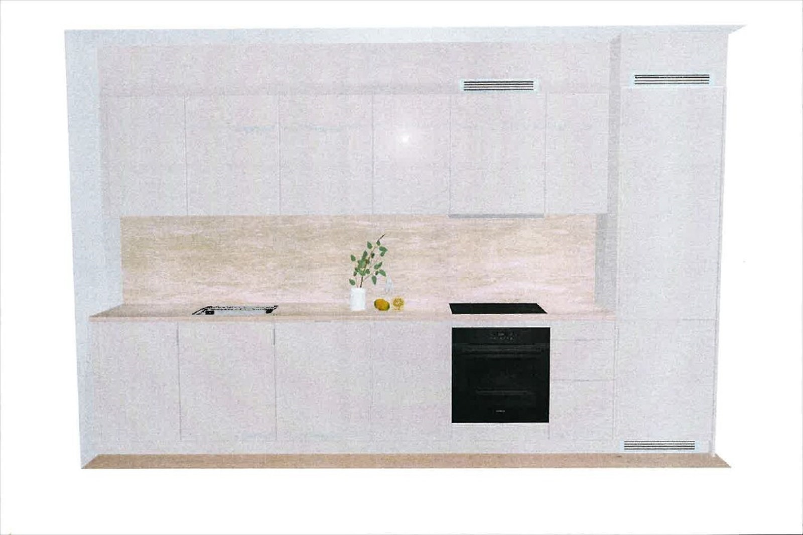 Illustrasjon kjøkkenleveranse | Denne leiligheten får et påkostet kjøkken fra Drømmekjøkkenet. Det leveres integrerte hvitevarer fra Siemens. Avvik kan forekomme. Galleribilde