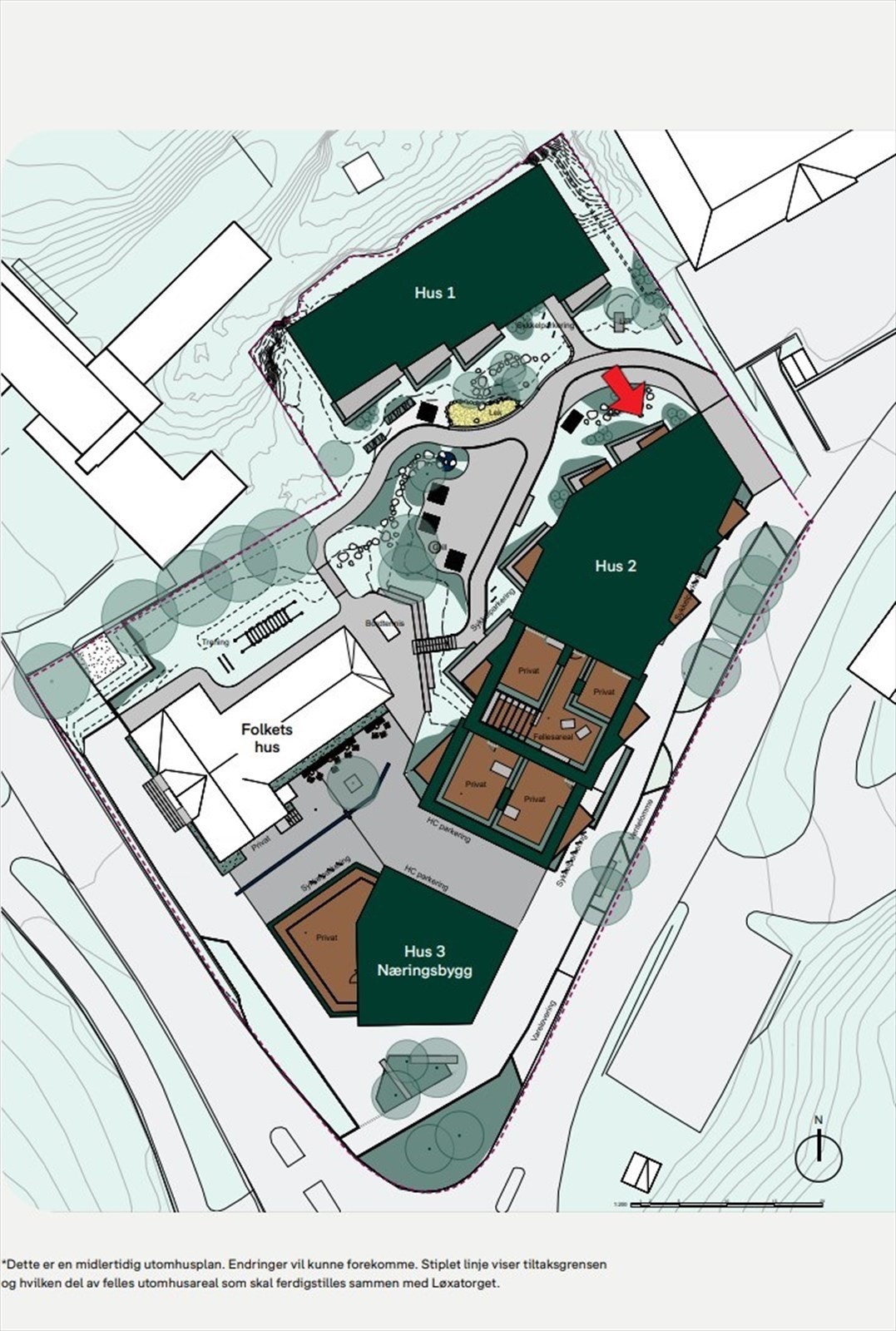 Midlertidig utomhusplan | Endringer vil kunne forekomme. Stiplet linje viser tiltaksgrensen og hvilken del av felles utomhusareal som skal ferdigstilles sammen med Løxatorget. Galleribilde
