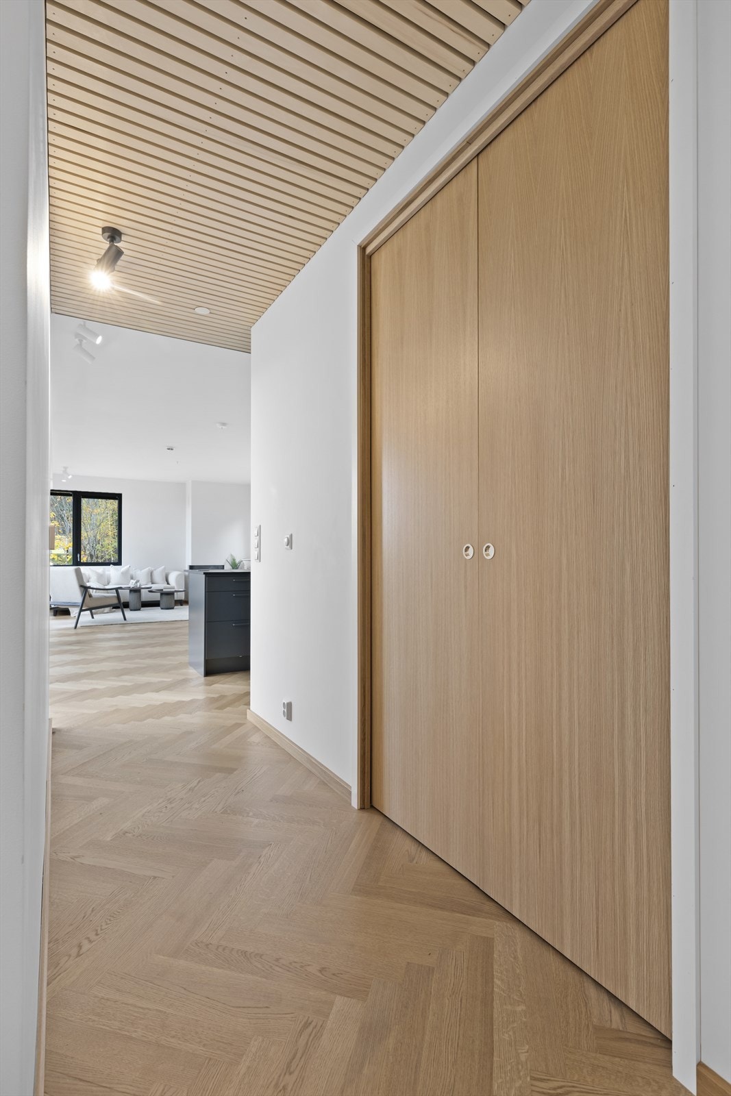 Det er dobbel skyvedør ut til hallen. Galleribilde