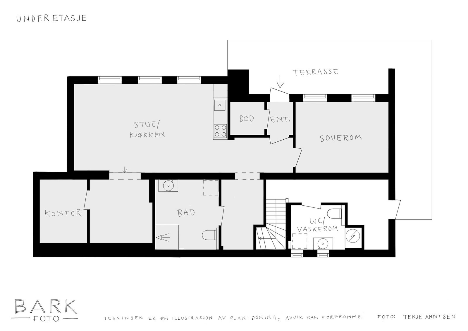 Det er egen inngang til utleiedel i første etasje på sørvestsiden av huset. Galleribilde