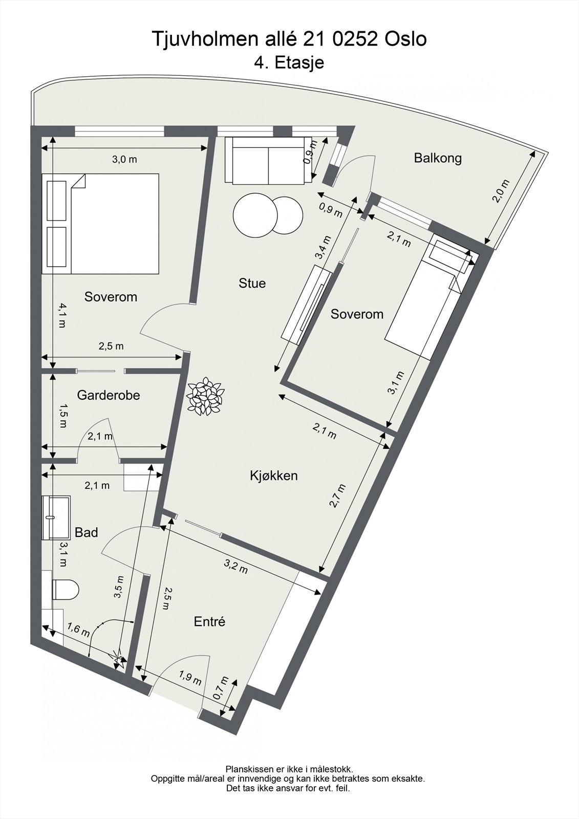 Plantegningen viser en arealeffektiv 3-roms på 60 m² med to soverom og god oppbevaring. Galleribilde