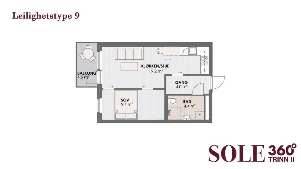 Plantegningen viser en arealeffektiv 2-roms leilighet som er klar for innflytting. Galleribilde