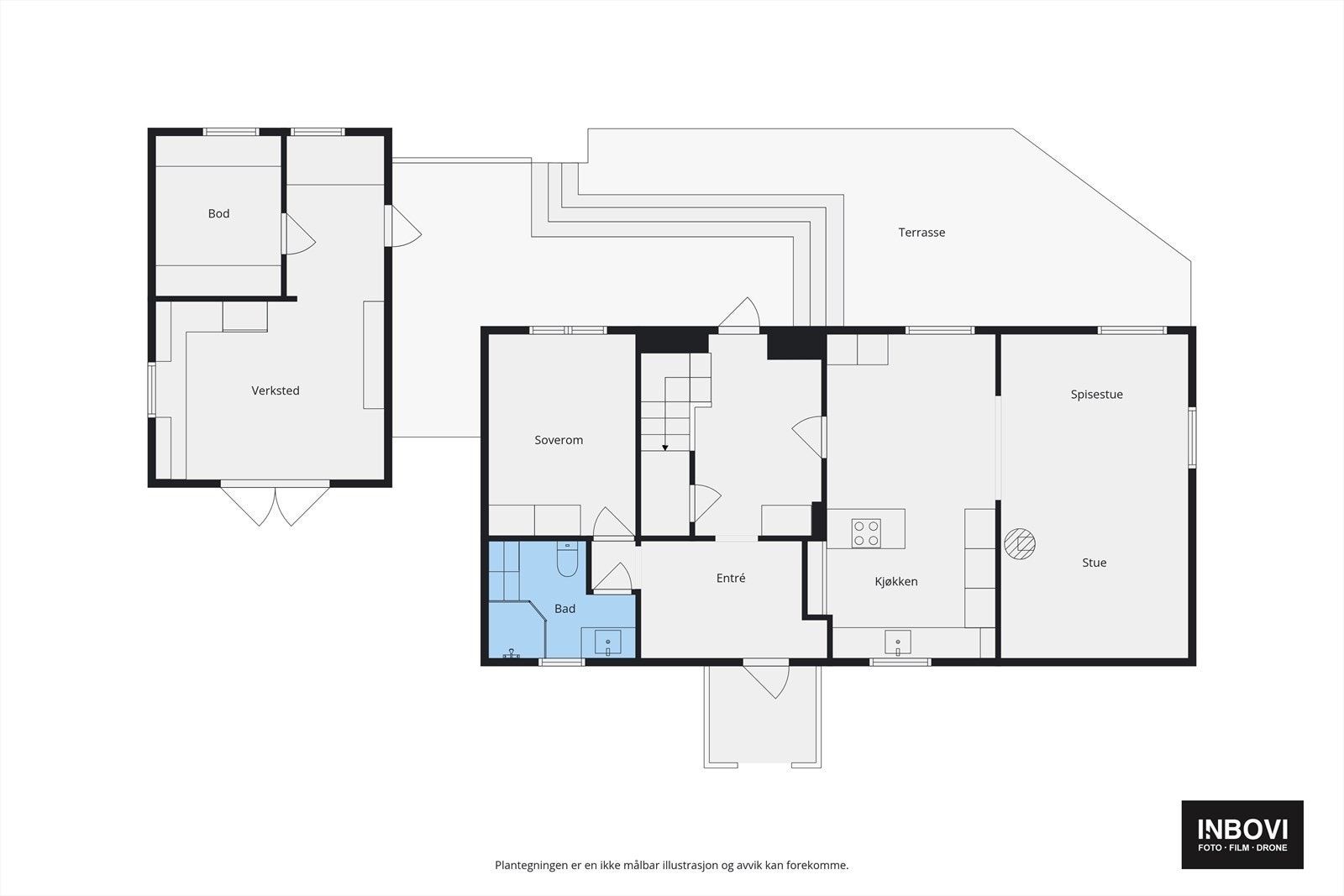 Plantegning 1. etasje samt garasje/ uthus. Galleribilde