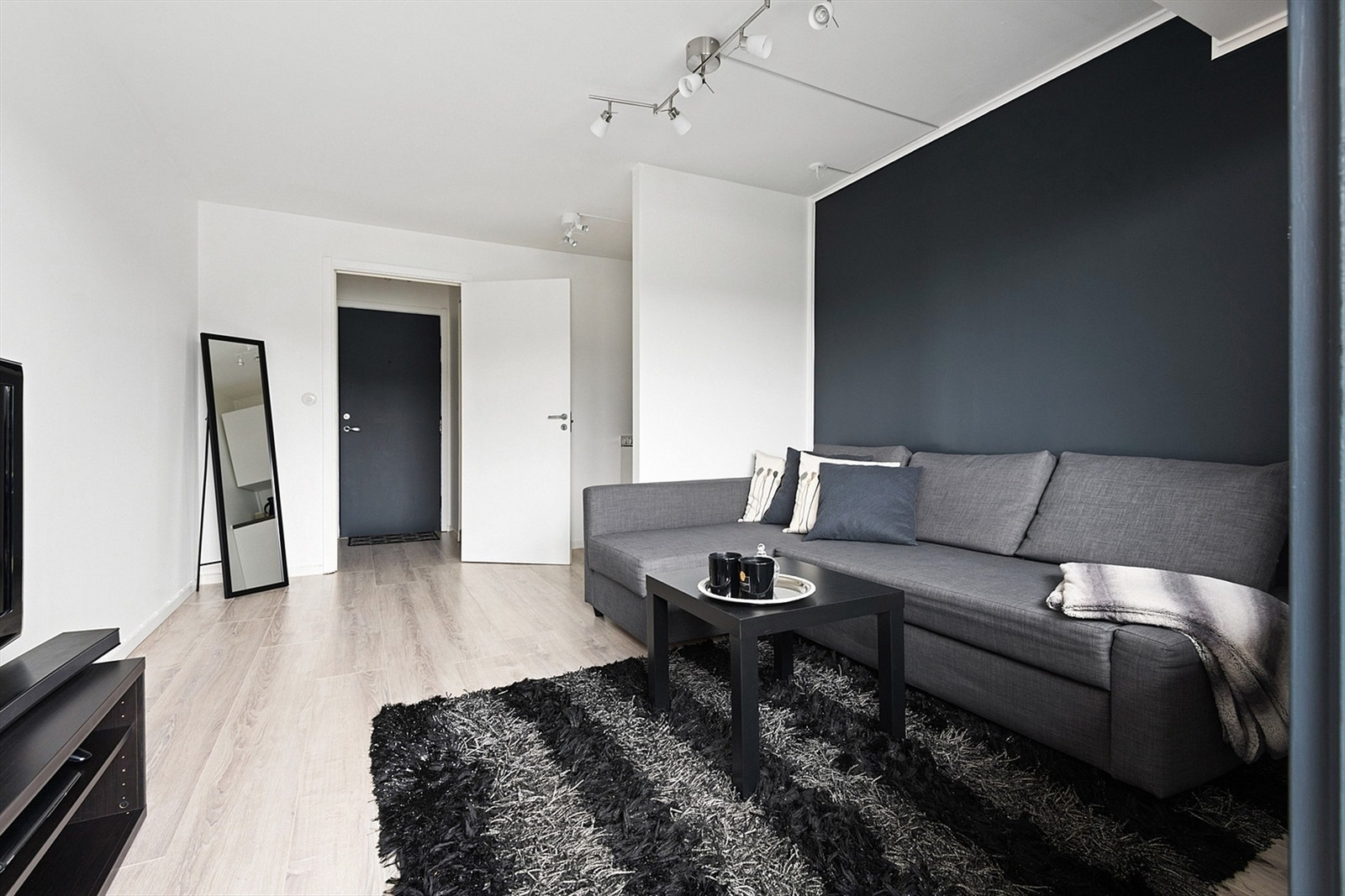 Innred med sovesofa, bord, stoler og tilhørende mediemøblement. Galleribilde