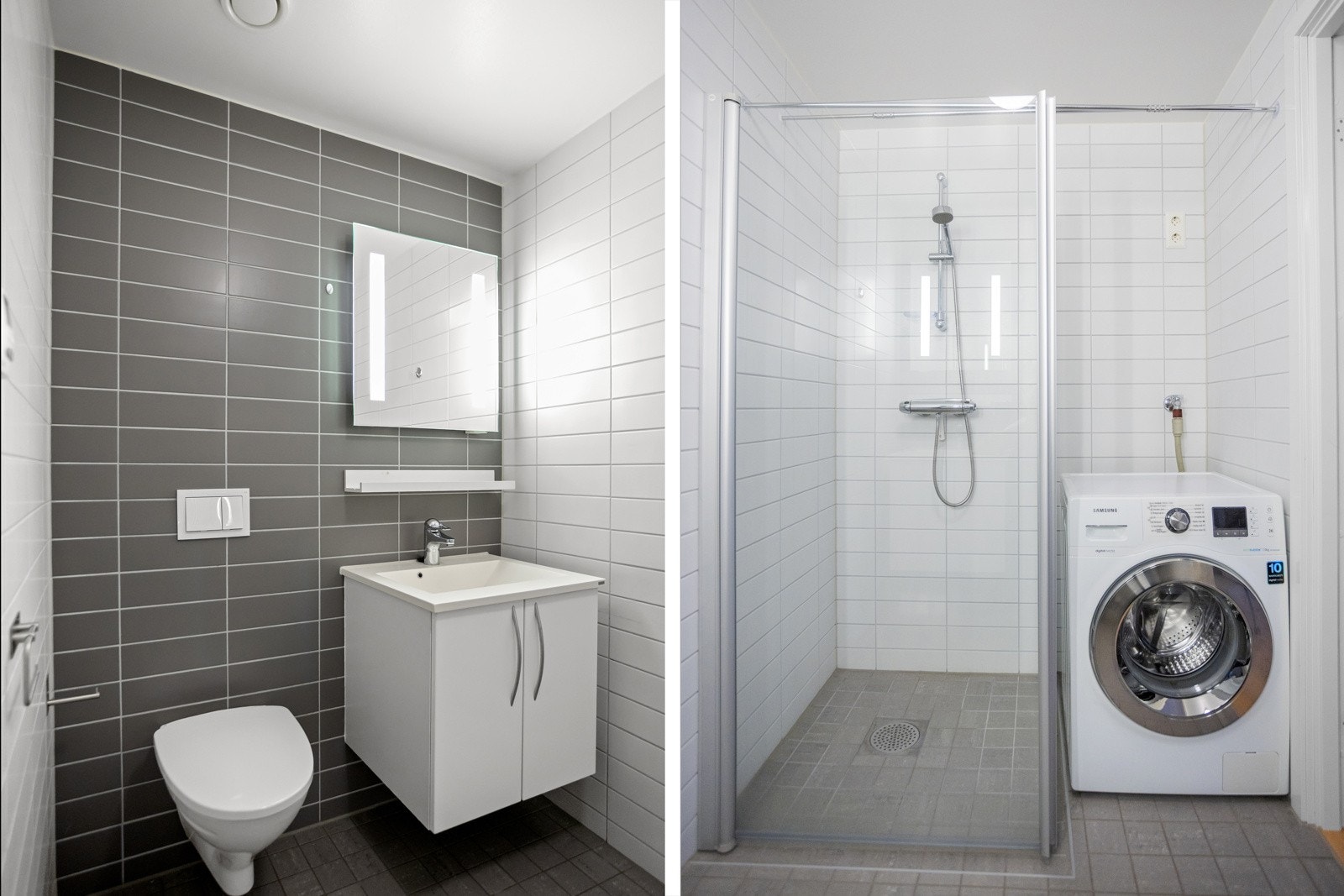 Leilighetens andre bad er flislagt, har varme i gulv og er innredet med vegghengt toalett, dusjhjørnet, servant over servantskap. Galleribilde