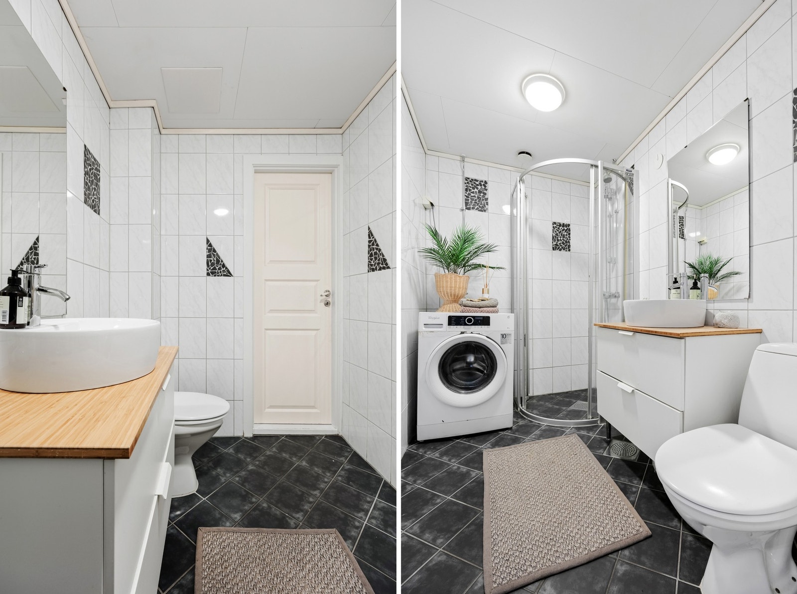 Tidløse fliser på gulv og vegg samt gulvvarme. Opplegg til egen vaskemaskin. Galleribilde