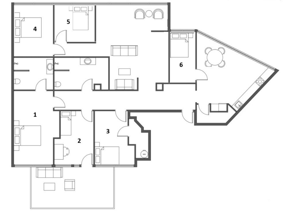 Planløsning. Soverom 4, 5 og 6 opprettes i starten av august. Planløsning er ikke en nøyaktig representasjon av faktiske areal. Eksempelvis vil soverom nr 6 være større enn tegningen tilsier, og møbleringen i stuen vil bli mer hensiktsmessig. Galleribilde