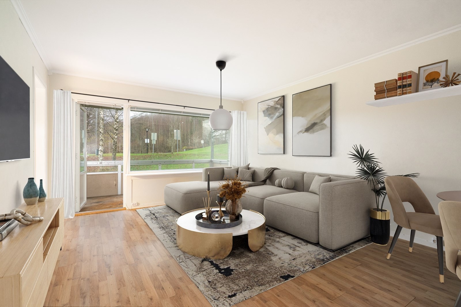 EiendomsMegler1 v/Tone Darrud presenterer Kongerødvegen 38D - Lys og trivelig 3-roms hjørneleilighet med lett adkomst i 1. etasje!
Foto: Inbovi. Bildet er digitalt møblert, og er kun en illustrasjon. Galleribilde