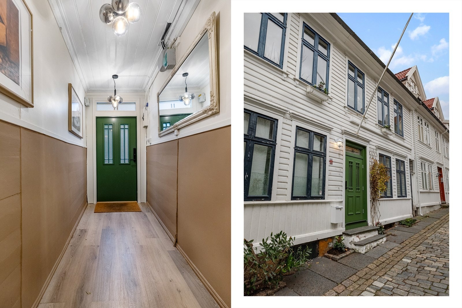 Felles inngangsparti med ny ytterdør i 2025 med elektronisk dørlås fra Yale Doorman. Galleribilde