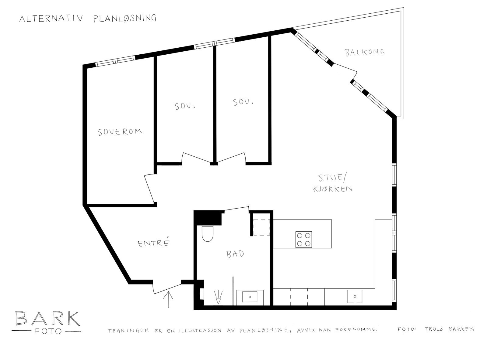 - Alternativ planløsning med ombygging til 3 soverom - Galleribilde