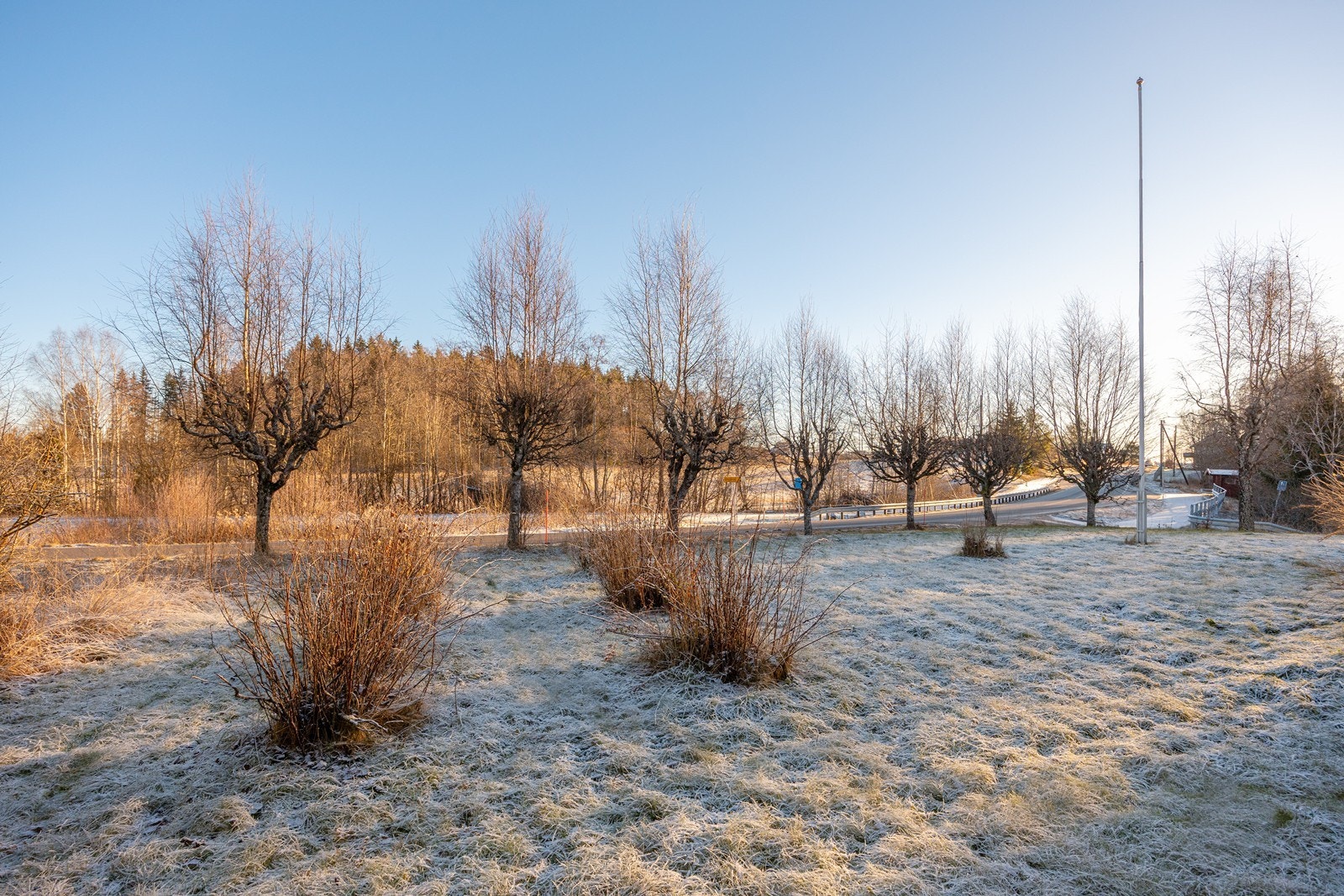 Tomten er opparbeidet med busker, gressplen og store trær som innramming. En flaggstang understreker idyllen, og hagen byr på mye boltreplass for hele familien. Galleribilde
