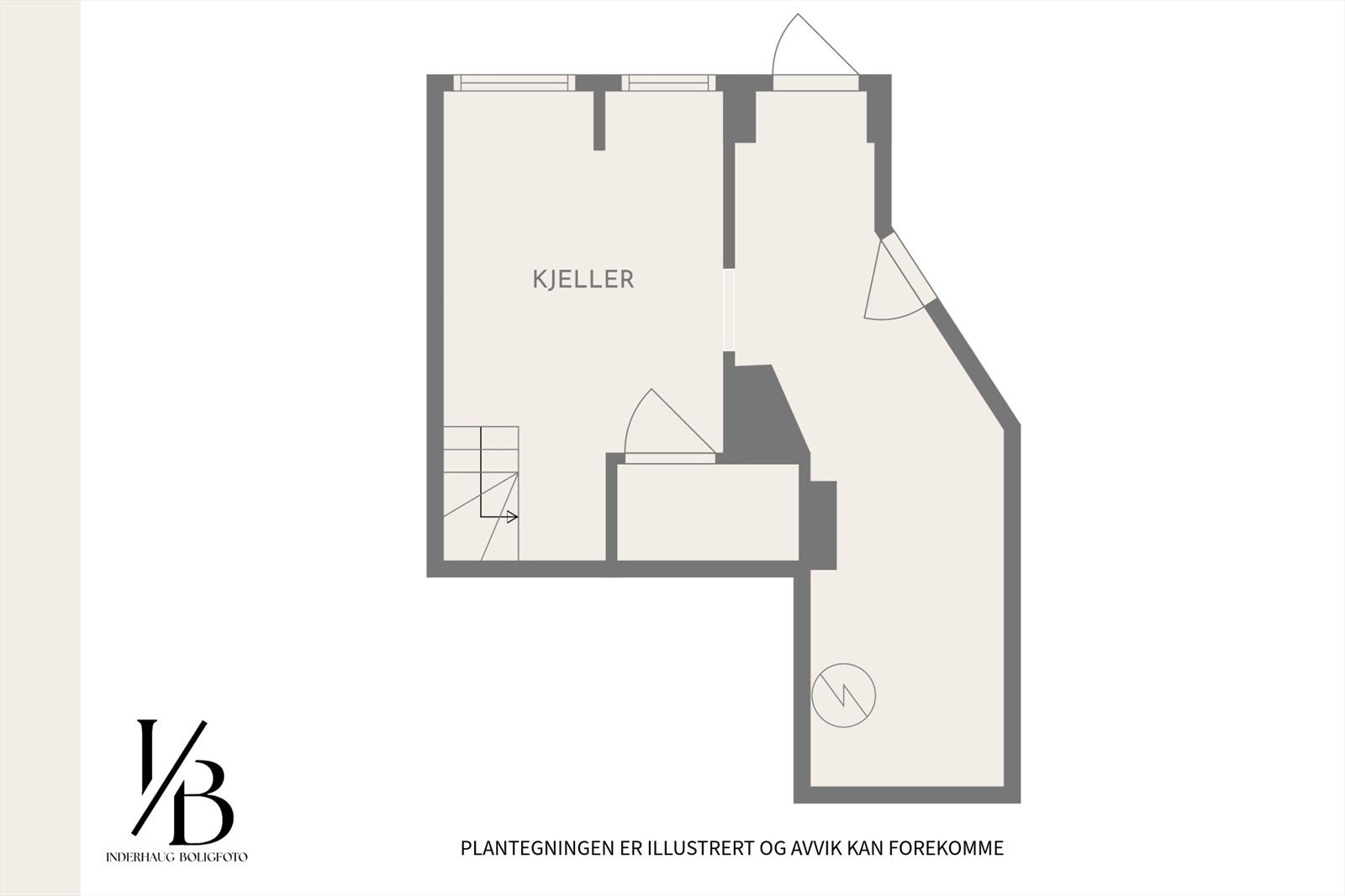 Plantegning kjeller. Mangler ett rom på plantegningen. Døren var låst og fotograf fikk ikke tilgang til rommet ved fotografering. Galleribilde