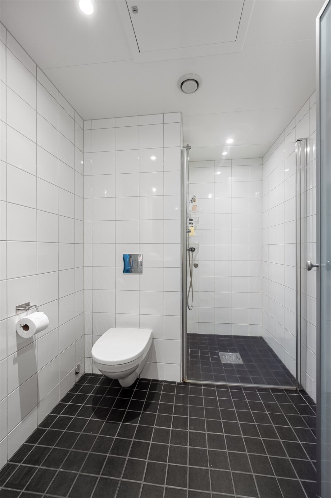 Badet er utstyrt med vannbåren gulvvarme, veggmontert klosett og opplegg for vaskemaskin. Galleribilde