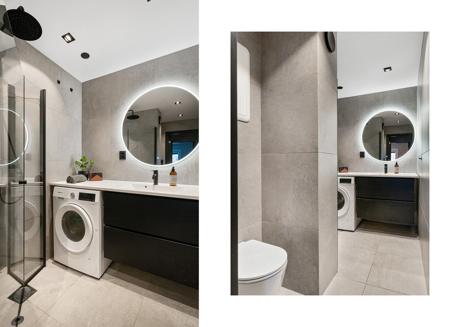 Pen og romslig innredning med nedfelt servant og store skuffer som gir rikelig med oppbevaringsplass. Badet har plassbygd løsning til vaskemaskin, downlights, speil med integrert belysning og dusjnisje. Galleribilde