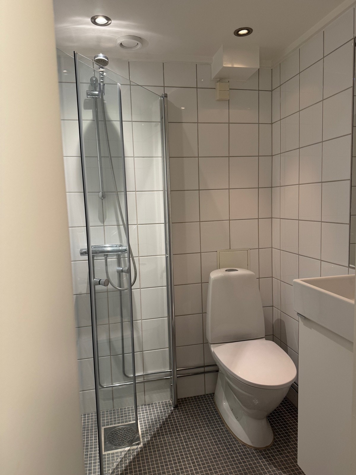 Pent, flislagt bad med wc, dusj og servant. Galleribilde