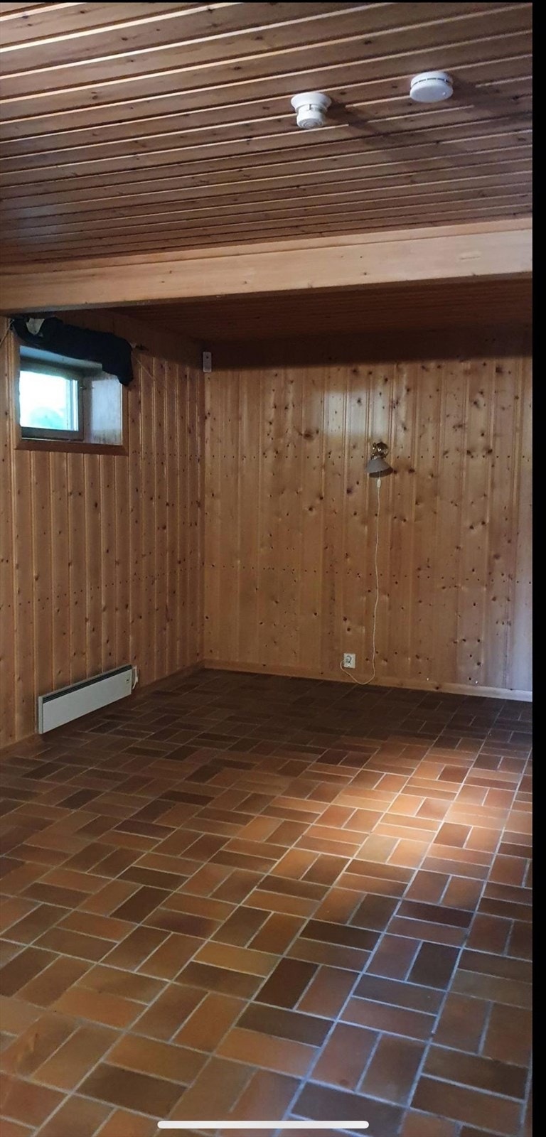 Hyggelig kjellerstue med en sjarmerende vedovn som gir lun varme Galleribilde