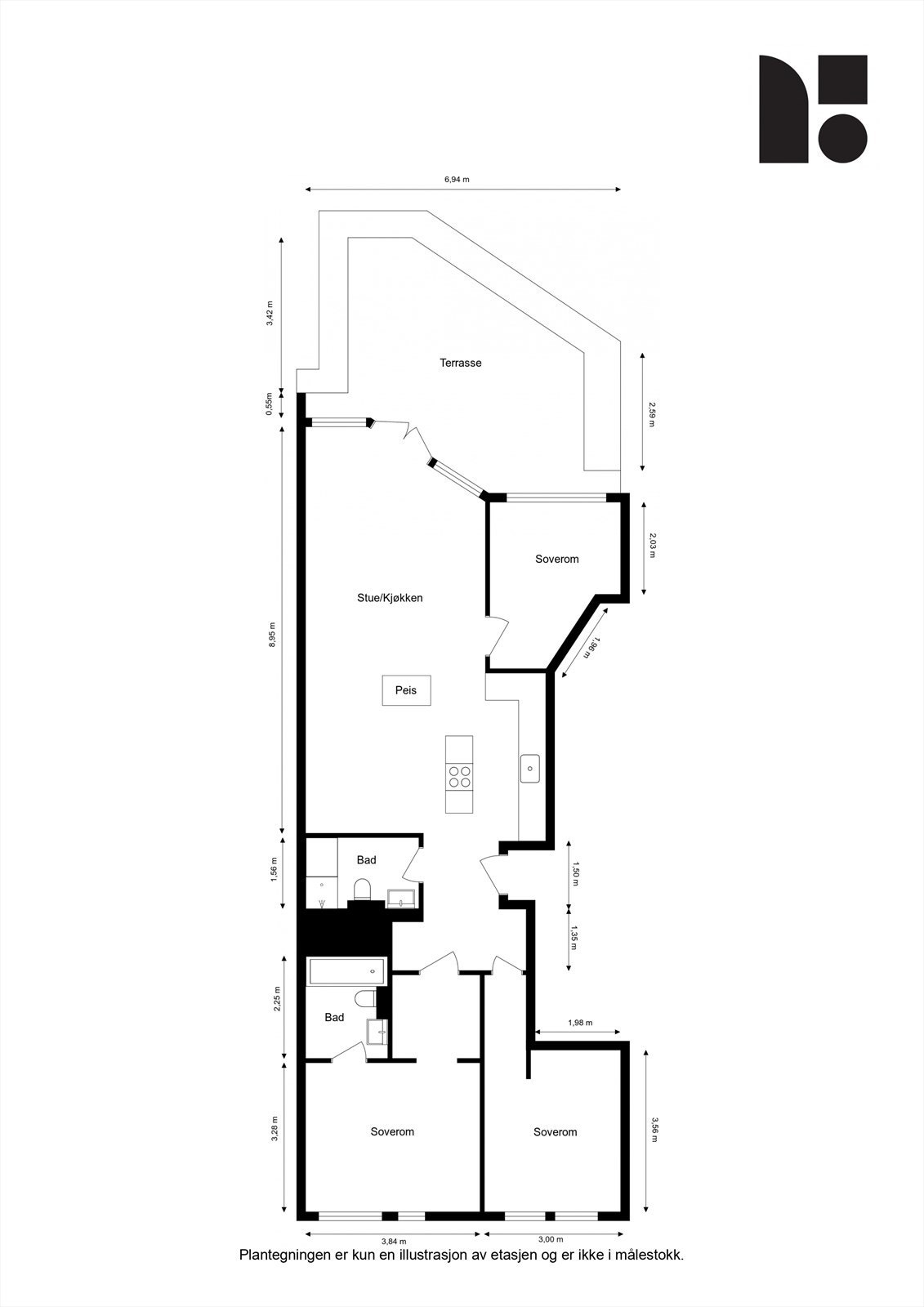 Plantegningen viser en arealeffektiv leilighet med tre soverom, to bad og åpen stue- og kjøkkenløsning. Galleribilde
