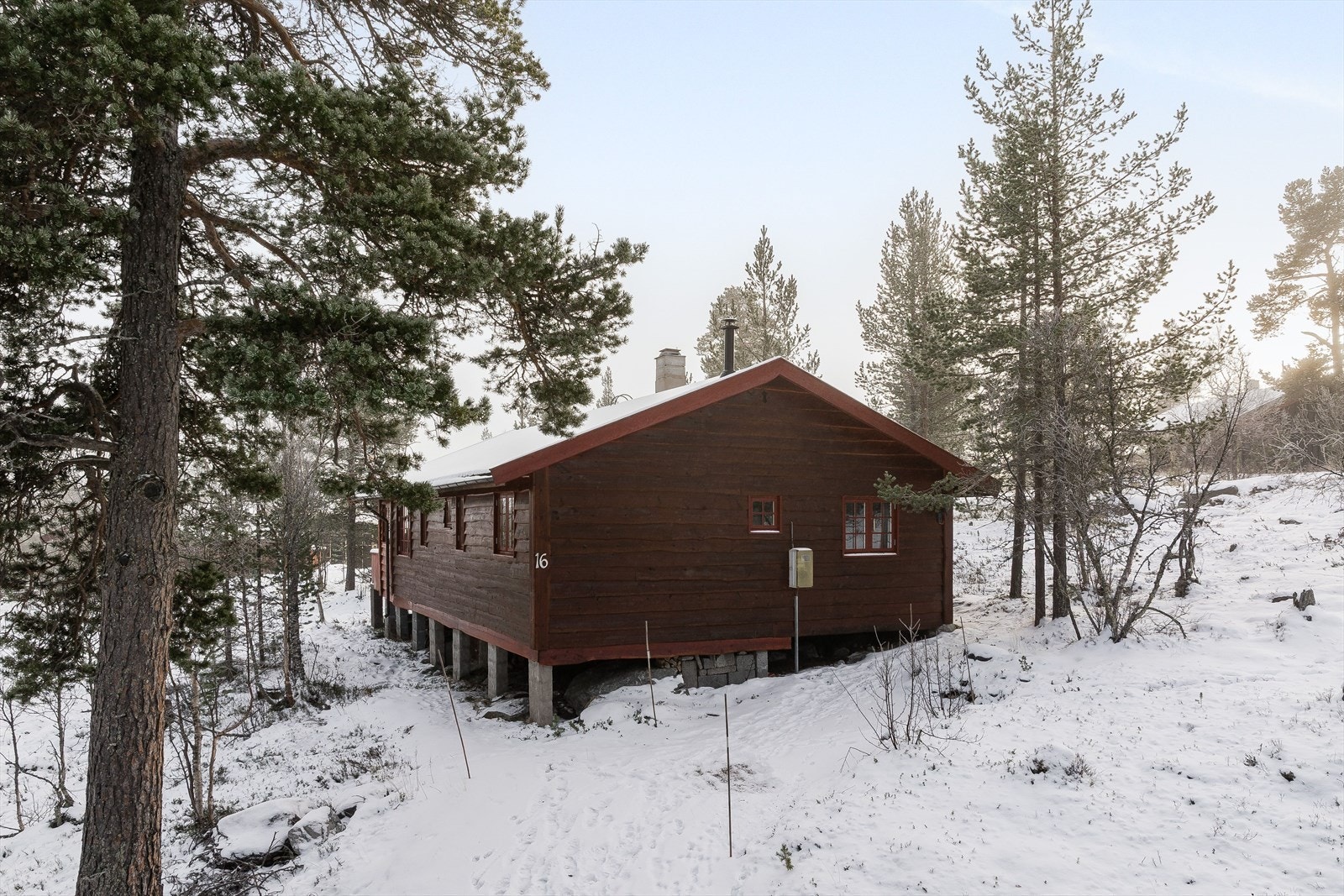 På hyttas' øst- og sørøst-side er det en romslig og dels overbygd terrasse på ca. 36 kvm. Terrassen byr på fin utsikt mot fjell, skog og Langsjøen. Galleribilde