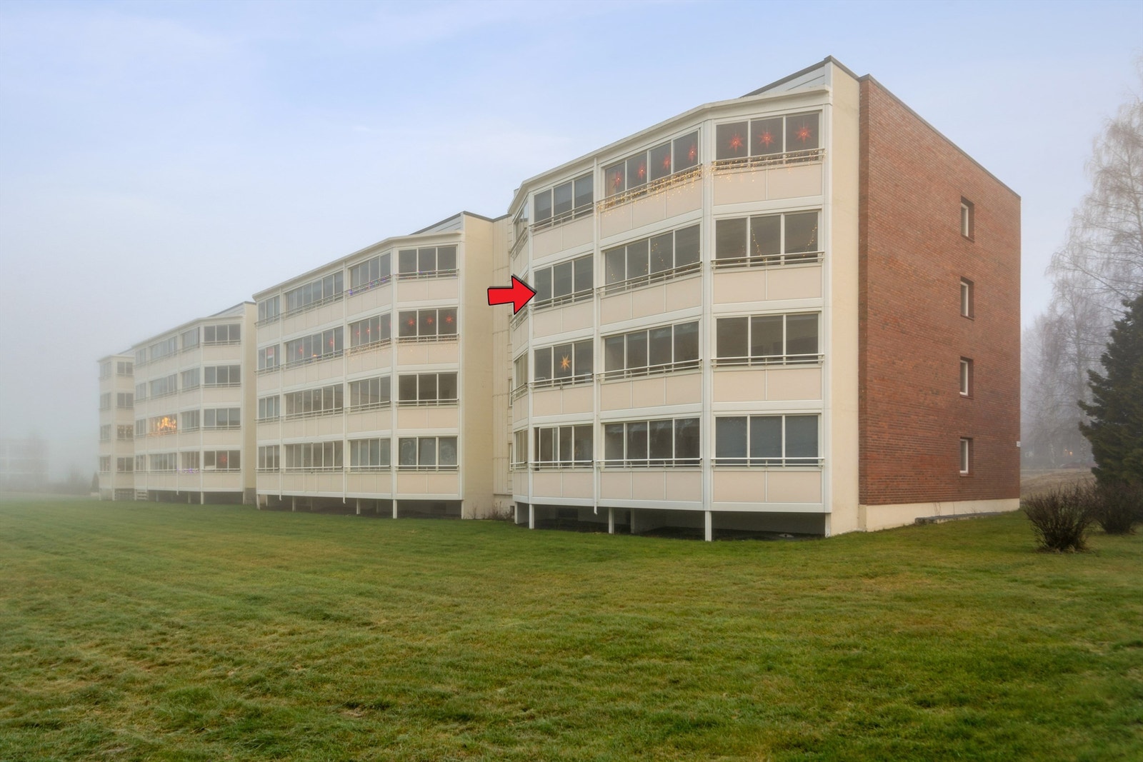 Pilen viser leilighetens beliggenhet i bygget. Galleribilde