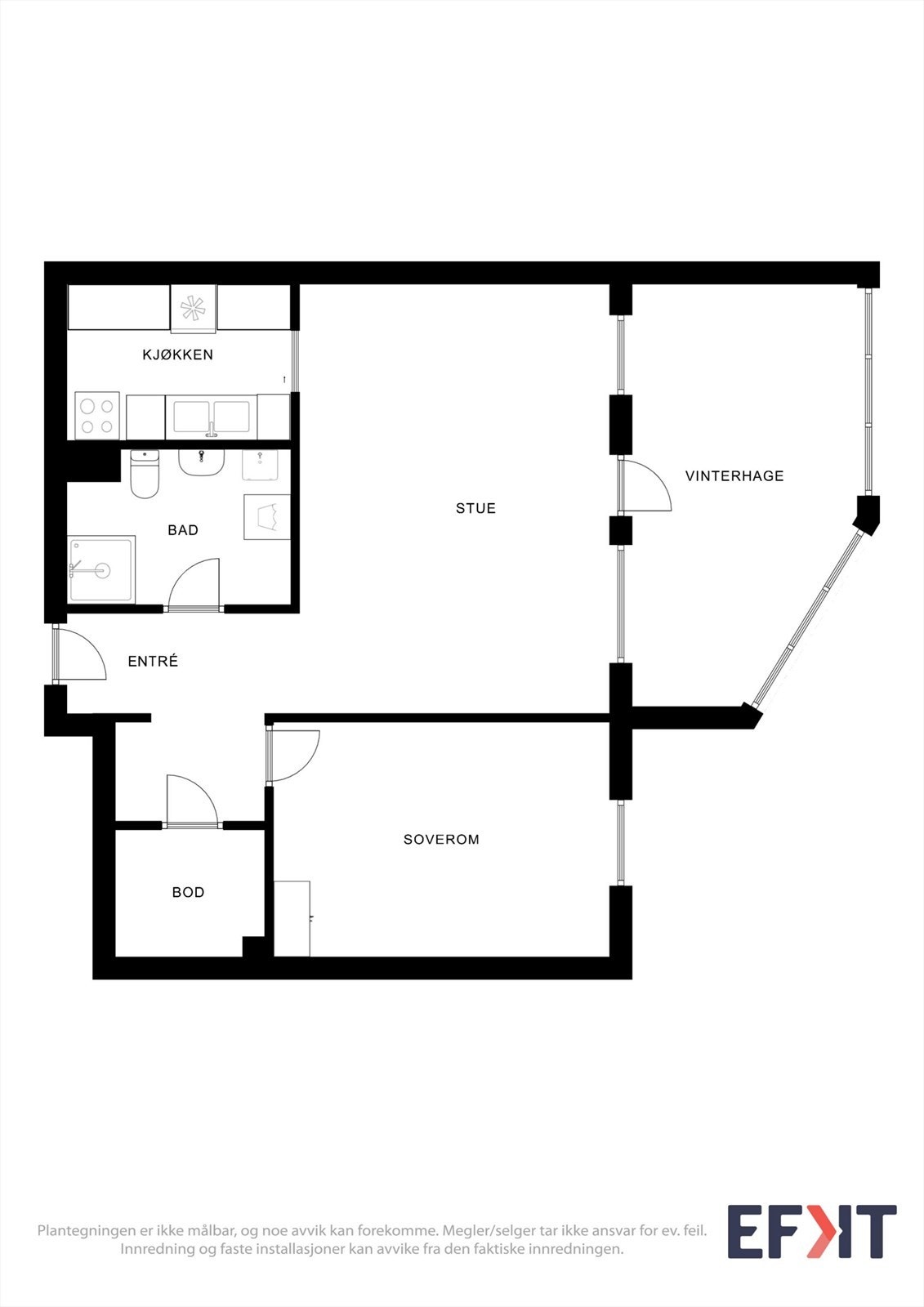 Plantegningen viser en arealeffektiv 2-roms leilighet med stue, kjøkken, soverom, bad og en praktisk innvendig bod. Galleribilde