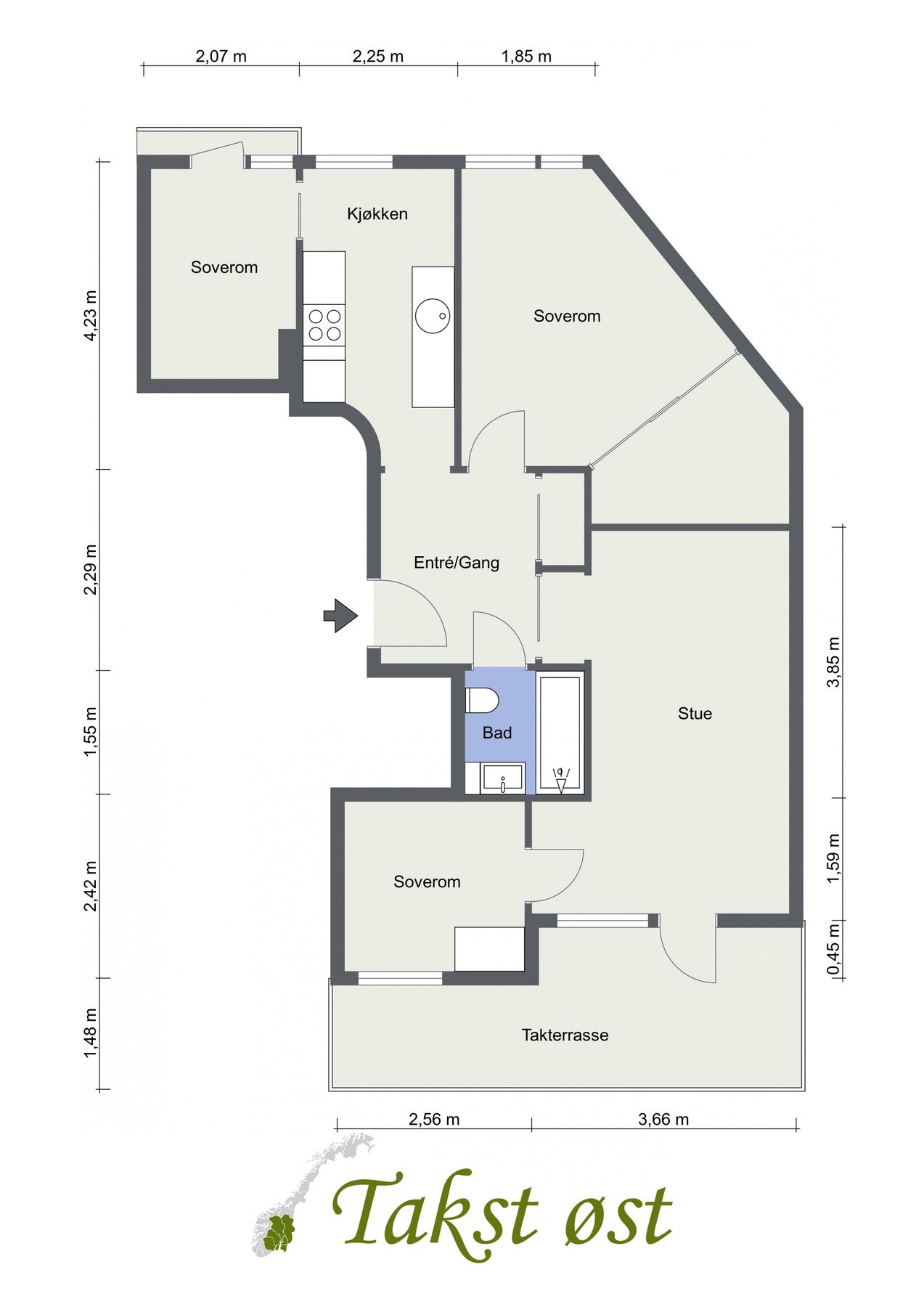 Plantegning. I tillegg disponerer leiligheten en kjellerbod på ca. 8 kvm og en loftsbod med gulvareal på ca. 6 kvm. Galleribilde