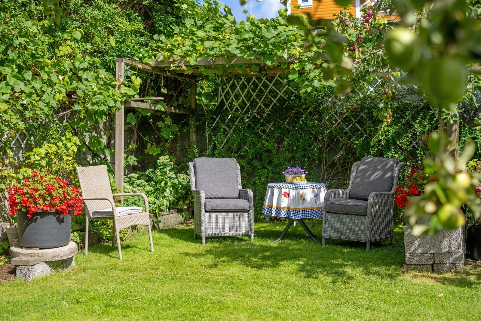 Avslappende sitteplass i hagen med rikelig med vegetasjon rundt. Galleribilde