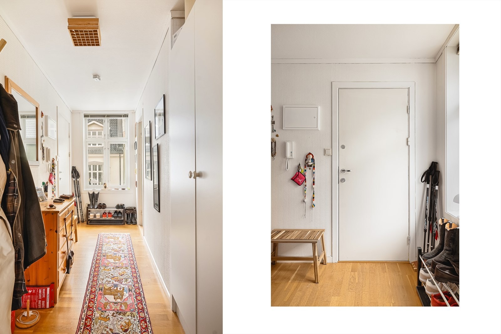 Man blir ønsket velkommen inn i en lun og praktsk entre, med plass til å henge fra seg yttertøy, og plassere sko Galleribilde