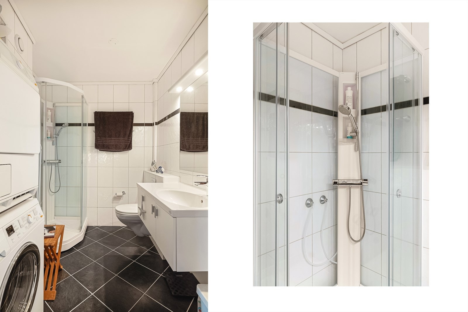 God oppbevaringsplass, vegghengt totalett, og en vaskemaskin Galleribilde