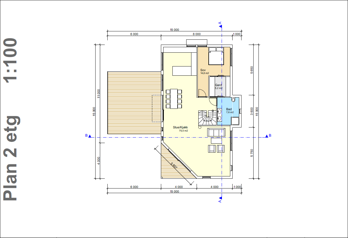 Plantegning 2. etasje med meget romlig stue og kjøkken på hele 75 kvm - Hovedsoverom, baderom og to verandaer. Galleribilde