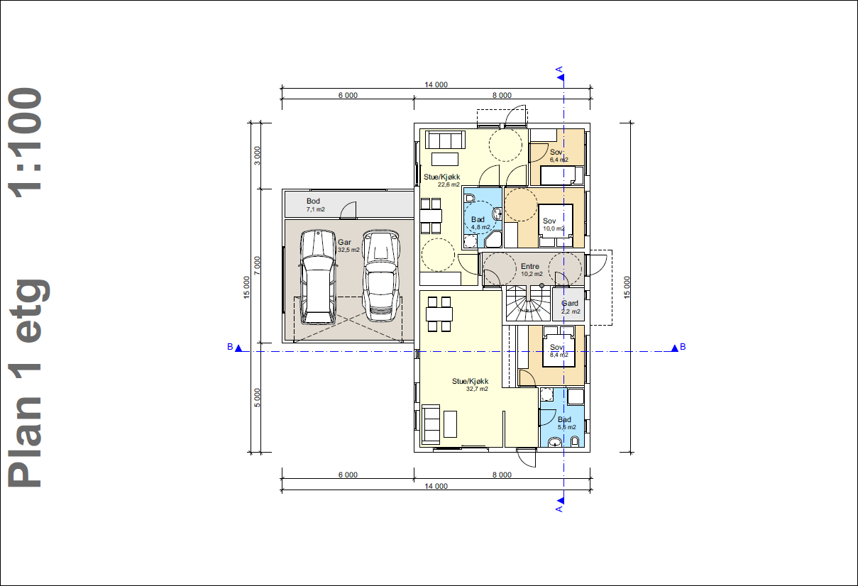 Plantegning 1. etasje med 2 utleiedeler med egne innganger. Muligheter for å åpne opp fra hoveddelen ved behov. Galleribilde