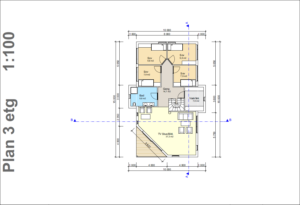 Plantegning 3. etasje med hele 4 soverom, baderom, vaskerom og TV-stue / ekstra stue og veranda med nydelig utsikt! Galleribilde