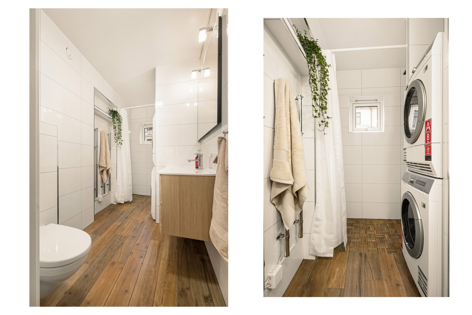 Eier fikk lagt opp til vaskesøyle, med plass til vaskemaskin og tørketrommel. Det er montert elektrisk håndkletørker på vegg. Galleribilde