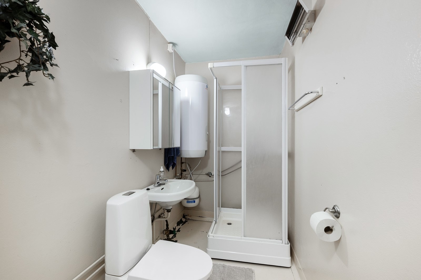 Badet er innredet med dusjkabinett, servant og toalett, men har behov for oppgraderinger for å tilfredsstille dagens standard. Galleribilde