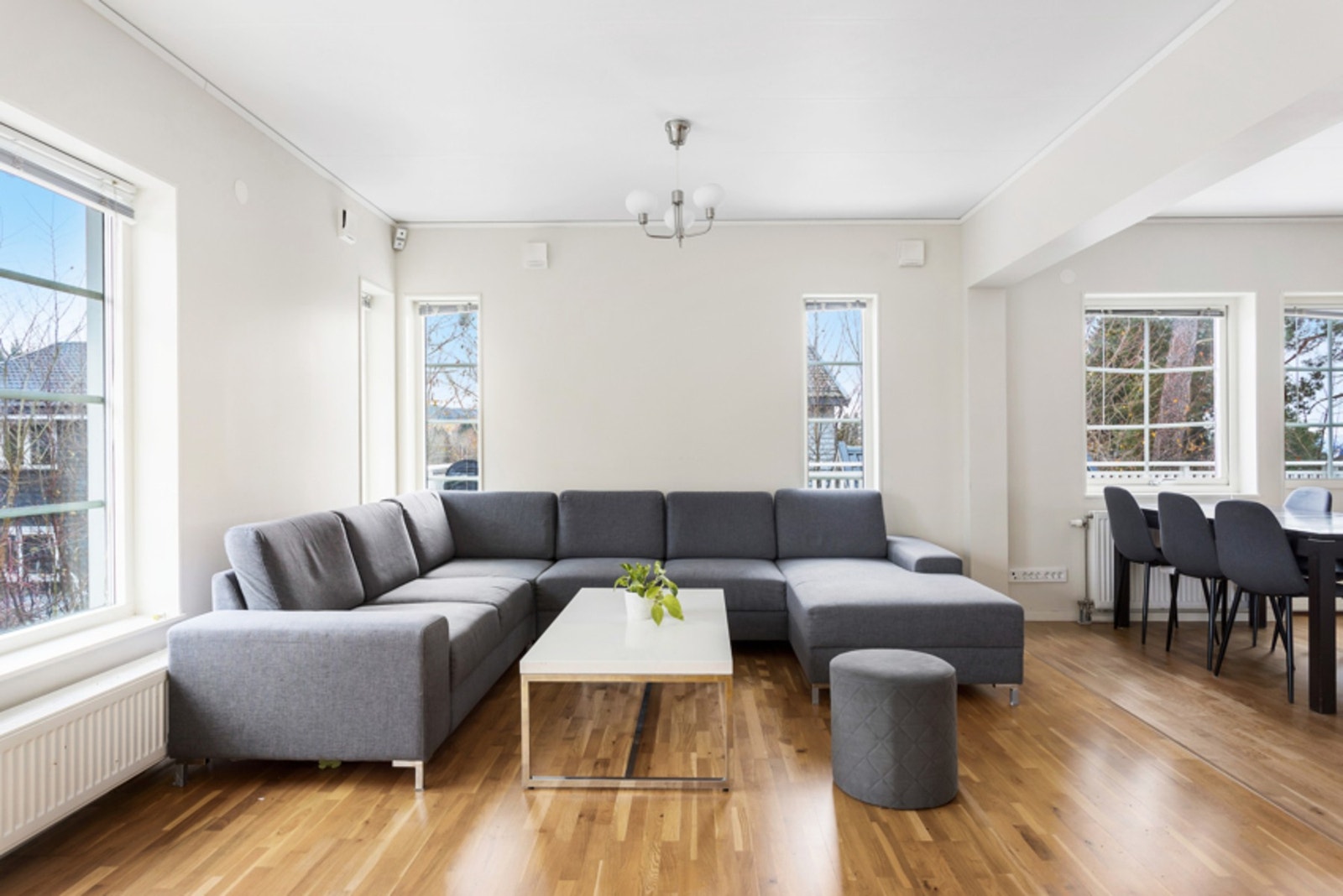 De store vindusflatene slipper inn rikelig med lys og skaper en herlig atmosfære i stuen. Galleribilde