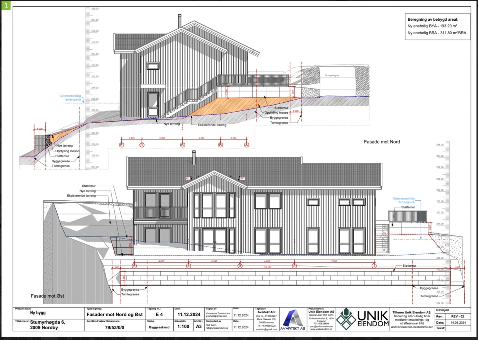 Godkjente byggetegninger, fasade. Galleribilde